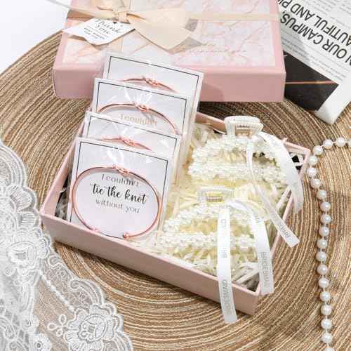 DEEKA 12 Pcs Bridesmaid Proposal Gifts, Pearl Hair Claw Clips & Bridesmaid Knot Bracelet Bachelorette Party Wedding Favors Bridal Party Present Hair Accessories for Women(Rose Gold Bracelets)