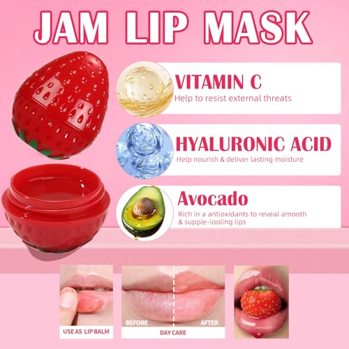 6 PCS Mini Bee Lip Balm Lip Mask Fruit Pot,Strawberry Lip Balm for Teens Girls 8-12,Lemon,Peach,Cherry Moisturizing Lip Sleeping Mask Overnight Lip Treatment,Color lip Balm Gifts Set, Galentines Gifts