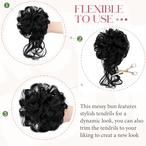 Messy Bun Hair Piece with Tendrils - Wavy Curly Ponytail Extensions (2 Pack)