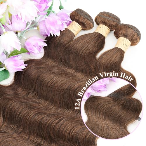 ALLRUN Brown Body Wave Human Hair Bundles 12-18 Inch, 4 Bundles with Closure, Brazilian Virgin Hair, Color 4# (Variation: 16 Inch)