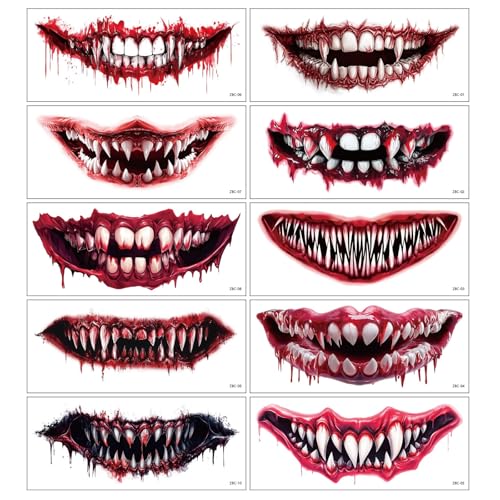 Halloween Red Mouth Temporary Tattoos, 10-Piece Clown Face Stickers
