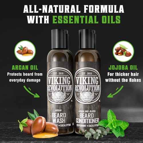 Viking Revolution Beard Brush and Comb Set with Peppermint Eucalyptus Beard Wash and Conditioner (5 Oz each) - Grooming Kit for Men with Argan and Jojoba Oils - Gifts for Men