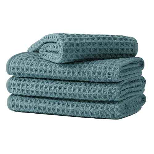 Microfiber Waffle Face Towels, 4 Pieces, Soft, Absorbent, Fast Drying, Lint Free (Green)
