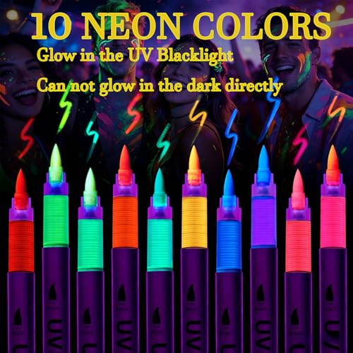 Glow Body Paint Markers UV Reactive, 10 Piece Set