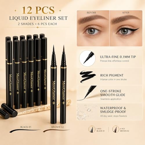 MooGlamor 12-Pack Liquid Eyeliner Pen Set - Waterproof & Long-Lasting