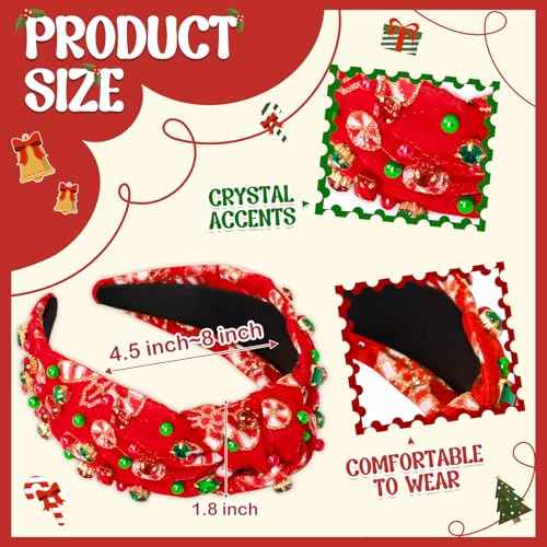 MOSOTECH Christmas Headbands for Women, Candy Cane Crystal Pearl Top Knotted Holiday Headbands, Christmas Outfits Costume Xmas Headpiece Hair Accessories, Ugly Sweater Party Favors Gifts (Red)