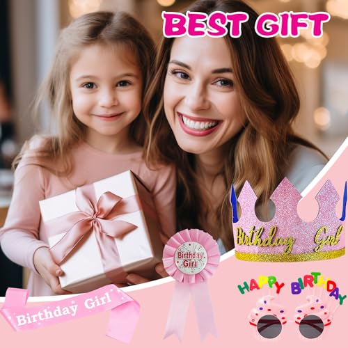Pink Kid's Birthday Crown & Dress Up Set - Girl Headband Tiara & Ribbon Medal, YumSur