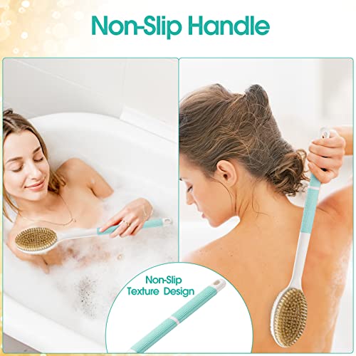 Backski Green Long Handle Body Scrubber with Soft & Stiff Bristles, Anti-Slip Shower Brush