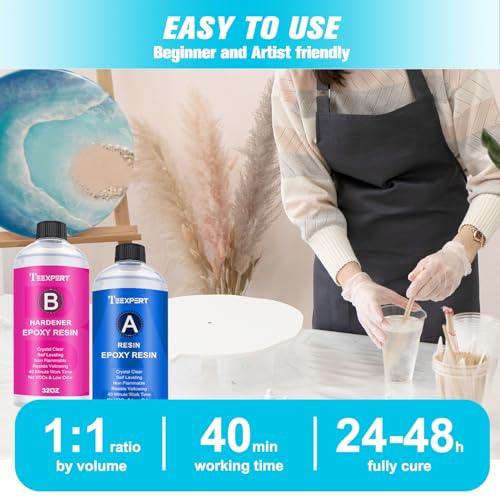 Teexpert Epoxy Resin Crystal Clear: 64OZ Epoxy Resin kit Fast Curing Heat Resistant for Casting Coating Art DIY Craft Jewelry Wood Table Top Flower Preservation- 2 Part(32OZ Resin and 32OZ Hardener)