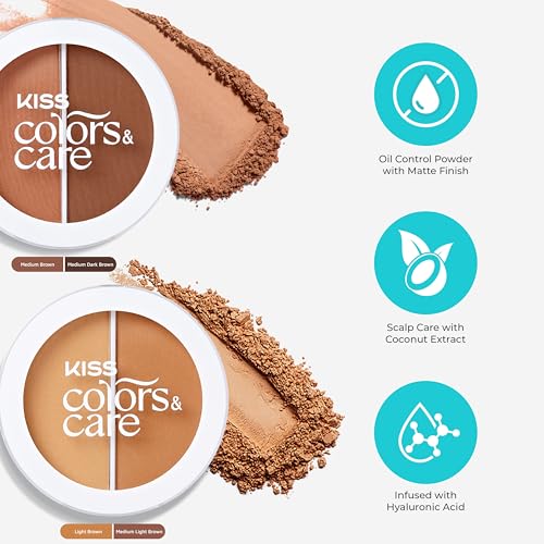 KISS Colors & Care Lace Wig Tinting Powder & Brush, 2 Brown Shades, Oil Control Formula, Matte Finish, Vegan, Cruelty Free, Hyaluronic Acid & Coconut Extract Infused, 8g (0.28 oz.) - Light Duo