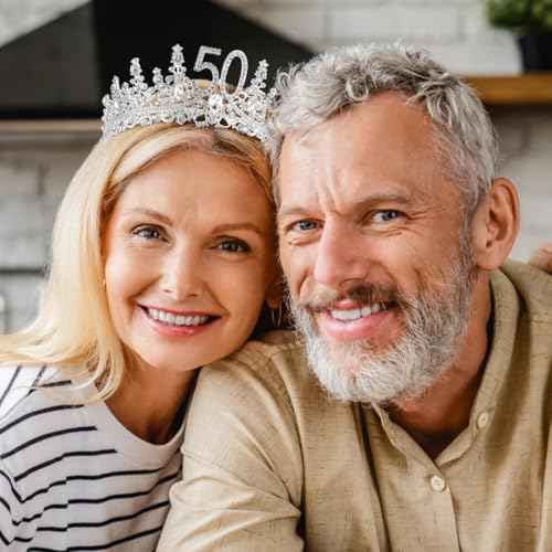 TOBATOBA 50th Birthday Decorations - 50 & Fabulous Birthday Crown & Sash Set, Silver 50th Birthday Gifts for Her
