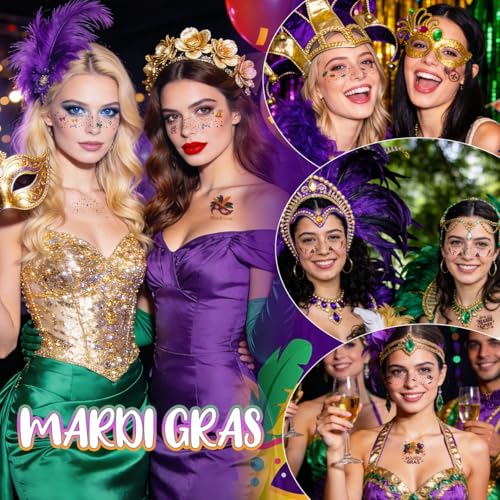 Mardi Gras Decorations, Mardi Gras Decor Temporary Tattoos, Mardi Gras Freckles Face Tattoos with Body Glitter Temporary Tattoo Stickers for Women, Teen Girls, Party Costume Outfit Makeup