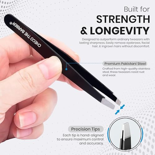 Premium Eyebrow Tweezers Set ? 4 Professional Stainless Steel Tweezers with Travel Leather Case ? Precision Tip, Slanted, Pointed & Flat Tweezers for Eyebrow Shaping, Ingrown Hair & Splinter Removal