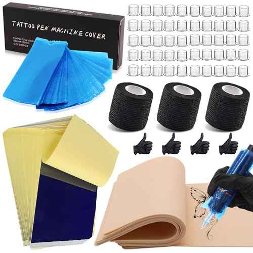 Rayyl Tattoo Practice Skin Transfer Paper Tool Kit - 66Pcs Include Tattoo Fake Skins with Transfer Paper Machine Pen Covers and Ink Cups Grip Tapes Tool Kit for Beginners & Artists