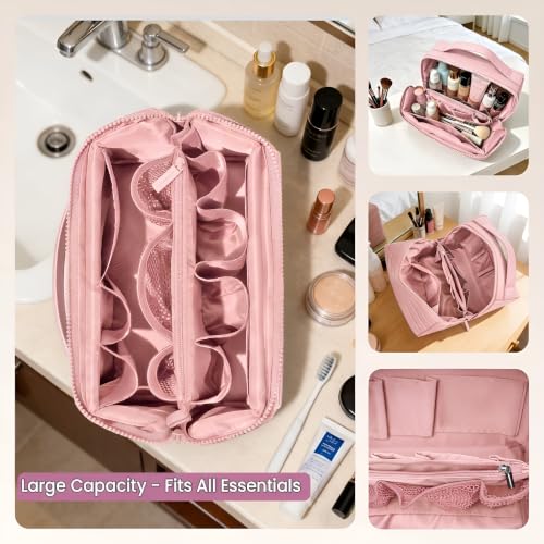 Large Waterproof Makeup Bag - Foldable Travel Toiletry Organizer (Pink)