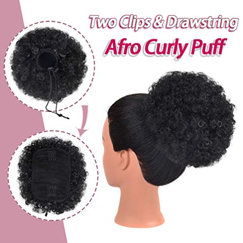 rosmile Afro Puff Clip On Synthetic Ponytail Extension for Black Women, 80gram 1B# Short Kinky Bun for Natural Hair