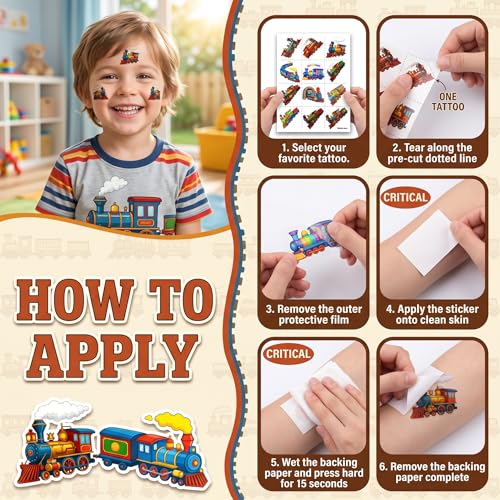 Train Temporary Tattoos for Kids, 96 PCS (8 Sheets)