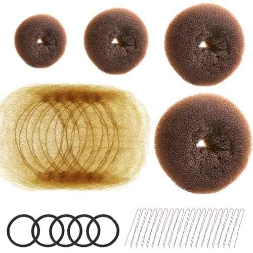 FANDAMEI Hair Donut Bun Maker Kit - 4 Hair Bun Maker, 20 Invisible Hair Nets for Buns, 5 Elastics, 20 Bobby Pins, Bun Nets for Ballet girls,Hair Donuts for Buns - Light Brown