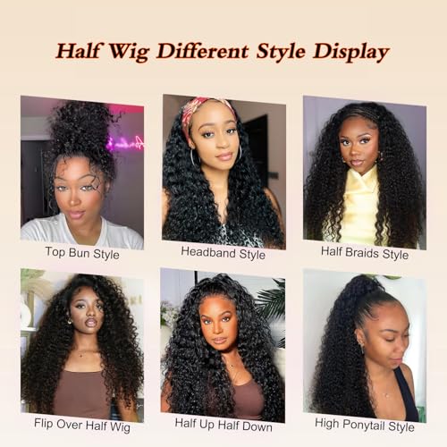 Deep Wave Human Hair Half Wig 20 Inch Natural Black 1B# Glueless, Wear & Go Style