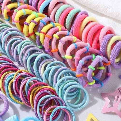 Girls Hair Rubber Bands Colorful Elastic Hair Ties Set Toddler Hair Accessories for Girls with Cute Hair Clips and Box