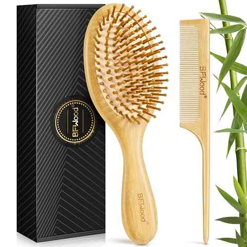 BFWood Bamboo Hair Brush for Hair Growth, Natural Wooden Brush and Detangle Tail Comb Set, Paddle Hairbrush for Massaging Scalp, for Women & Men