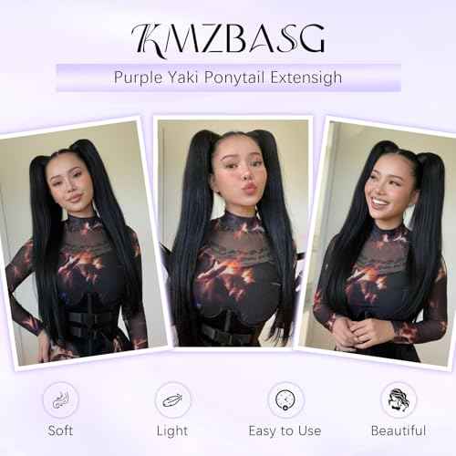 2 PCS Black Ponytail Extension with Hair Tie DIY Braided Ponytail Extension Warp Around Yaki Straight Sleek Hairpieces Light and Soft Fluffy Stayle Ponytail for Women Daily Party Use