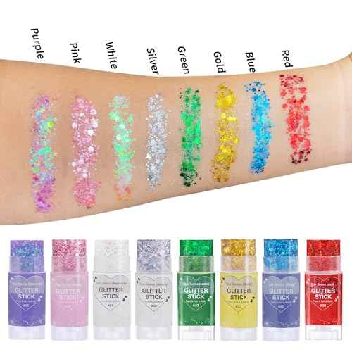 Rainbow White Hair Glitter Stick,Mermaid Fairy Costume Body Face Glitter, Singer Concert Halloween Star Glitter Makeup for Kids and Women,Waterproof Sequins Rave Accessories White Face Paint