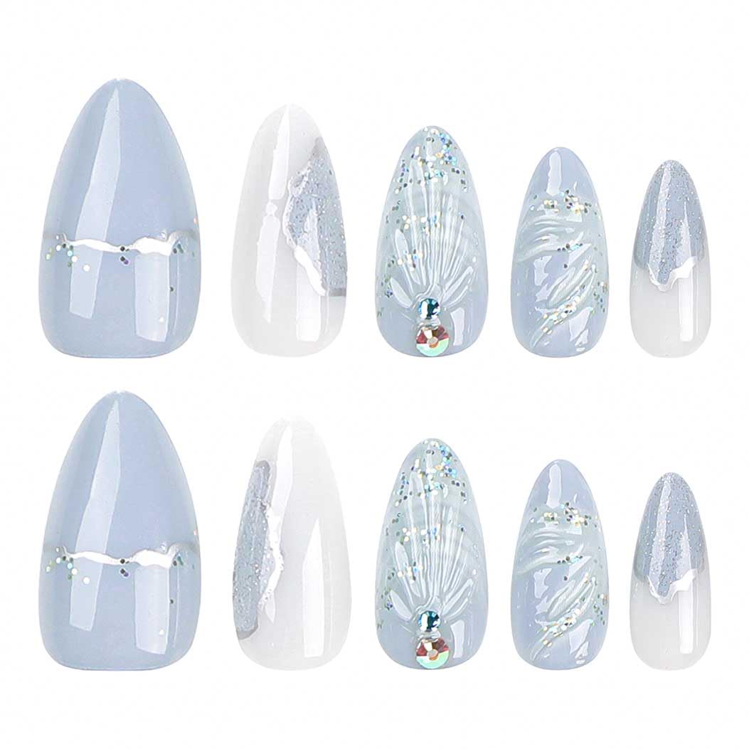 RikView Long Press on Nails Almond Fake Nails with 3D Design Blue Nails Glossy Full Cover Nails for Women 24 PCS