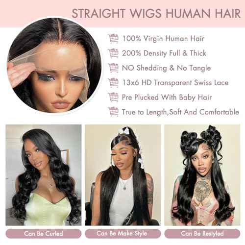 32 Inch Straight Wigs Human Hair 13x6 Lace Front Wigs Human Hair Pre Plucked 200 Density HD Transparent Straight Lace Frontal Wigs for Women Glueless Wigs Human Hair Natural Color
