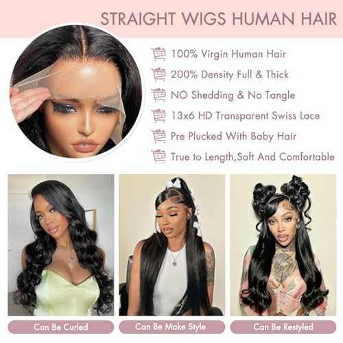 Vorynix 32 Inch Natural Black Human Hair Lace Front Wig 13x6 HD Transparent, Pre-Plucked, 200% Density, Glueless, Straight Style