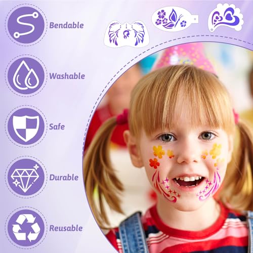 Face Paint Stencils Kit - 33 Reusable Stencils, 10 Brushes & Gems
