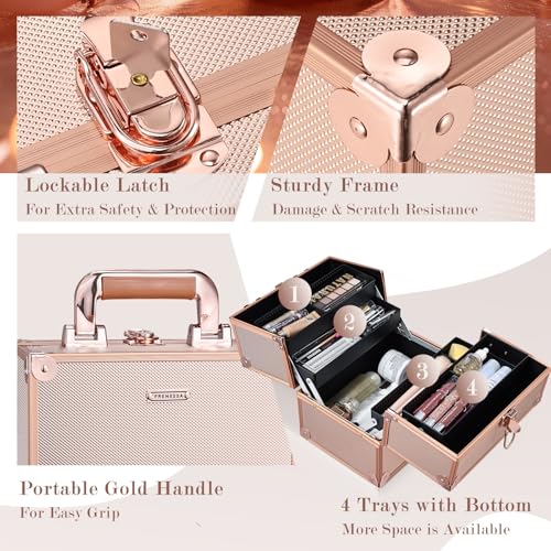 Rose Gold Makeup Train Case with 4-Tier Trays & Lock