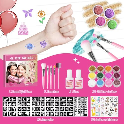 Glitter Tattoo Kit for Kids - 12 Colors, 92 Stencils, 5 Brushes