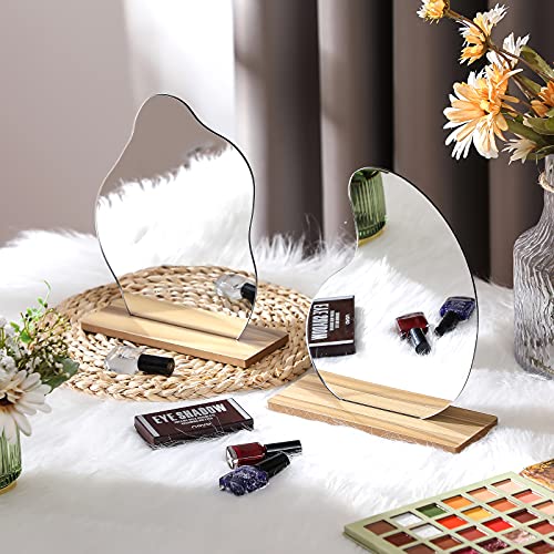Blulu 2 Pack Acrylic Makeup Mirror Irregular Aesthetic Vanity Mirror with Wooden Stand Desk Frameless Decor Asymmetrical Cloud Wavy for Bedroom Living Room Minimal Spaces Decor