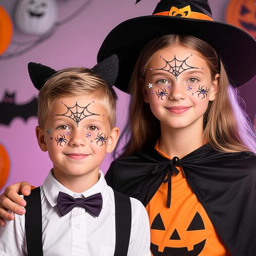Halloween Face Stickers Glitter Spider Face Gems Face Jewels Self-Adhesive Spider Web Temporary Tattoos Stickers for Face Eyes Halloween Makeup Cosplay Party Supplies 2Pcs