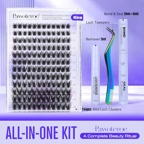 Pawotence Kira Lash Clusters Kit 10-18mm Cluster Lashes Extension Kit 144pcs Fairy Eyelash Clusters Wispy Lashes Cluster Eyelash Extensions with Waterproof Lash Bond and Seal, Remover, Applicator