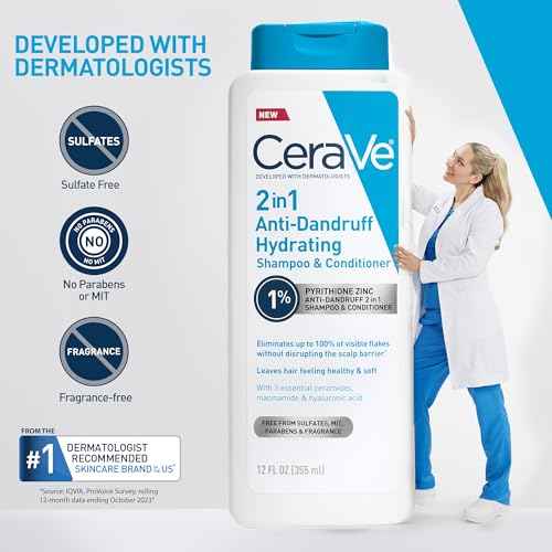 CeraVe 2 In 1 Hydrating Anti Dandruff Shampoo And Conditioner, 1% Pyrithione Zinc Dandruff Treatment, Color Safe & Sulfate Free Shampoo And Conditioner, Helps Eliminate Dandruff & Relieve Itchy Scalp
