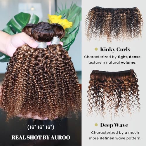 Honey Blonde Highlight Tight Kinky Curly Human Hair Single Bundles, 12A Brazilian Curly Weave Bundles Human Hair 100% Virgin Remy Bundle Ombre #P4/27 Colored Kinky Curly Thick Tracks Sew in 16In