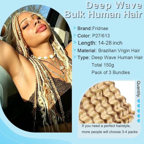 Fridnae Deep Wave Human Hair Braiding Bundles for Boho & Ombre Styles 20 Inch