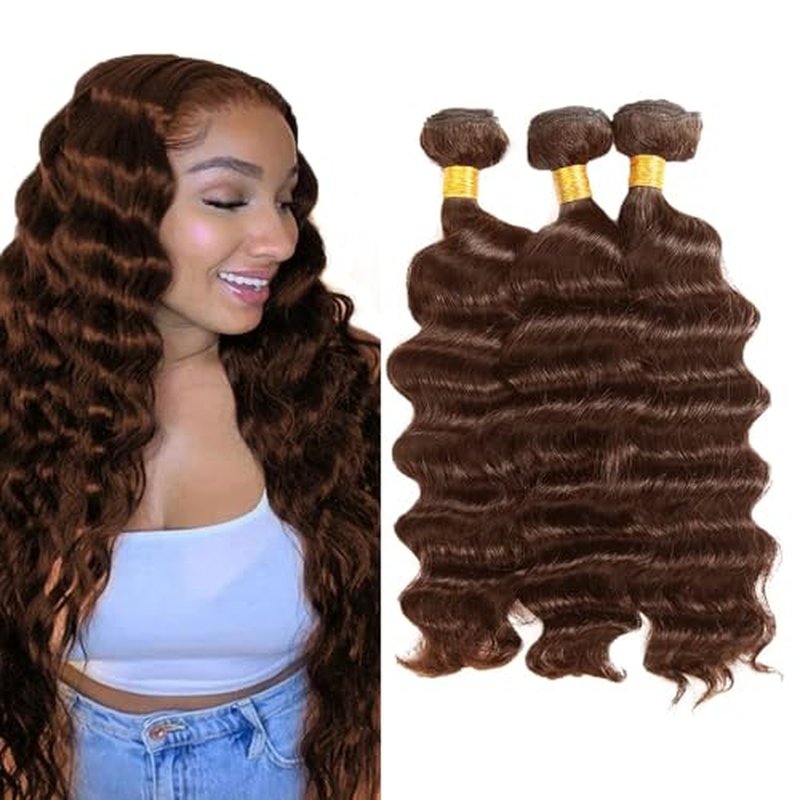 #4 Brown Deep Wave Human Hair Bundles - 16-20 Inch, 3 Pack