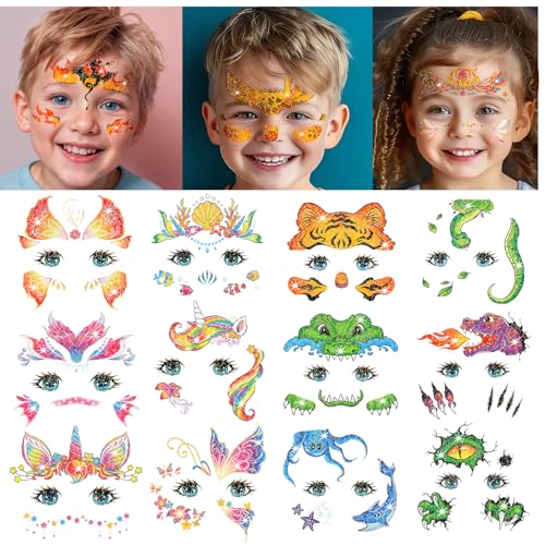 Glitter Face Tattoos for Kids - 24 Sheets, Waterproof