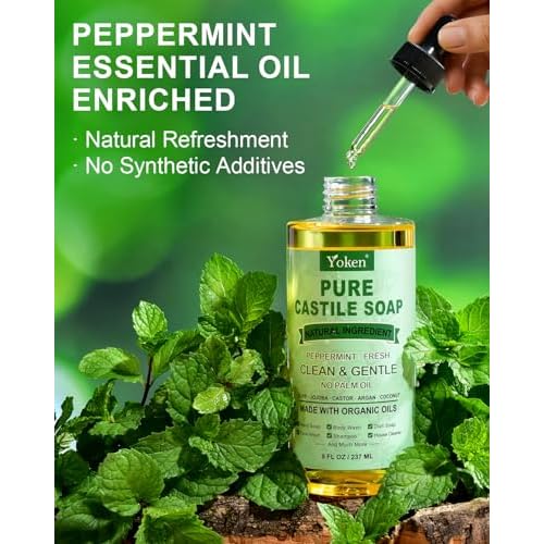 Peppermint Castile Soap Liquid 8 OZ, Made with Certified Organic Oils, Gentle Peppermint Soap for Body Wash, Face, Hands, Dishes, Laundry & More - Vegan & Natural Ingredients Versatile Cleanser