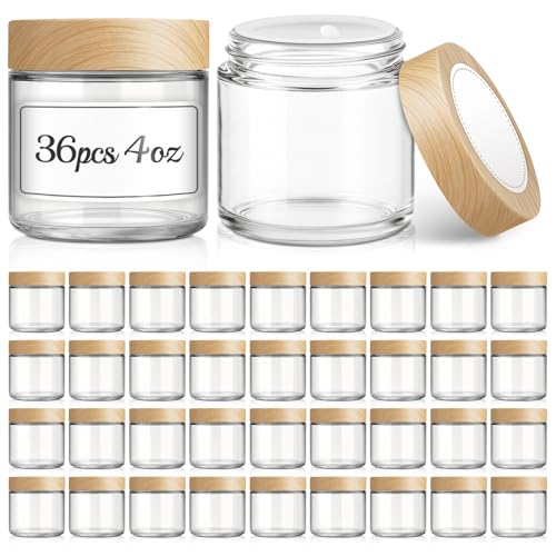 Bumobum 36-Pack 4 oz Glass Jars with Woodgrain Lids - Refillable Containers for Creams & Powders