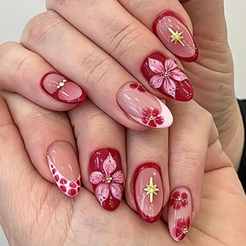 STADWWK 30pcs Short Almond Press-On Nails with 3D Flower & Star Designs - Reusable Glossy Fake Nails for Summer Manicure
