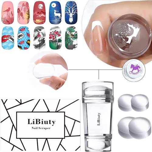 LiBiuty Nail Art Stamper, Dual Head Clear Jelly Nail Polish Transfer Stamper with Extra 4Pcs Silicone Heads & 1 Scraper Nail Stamping Tool