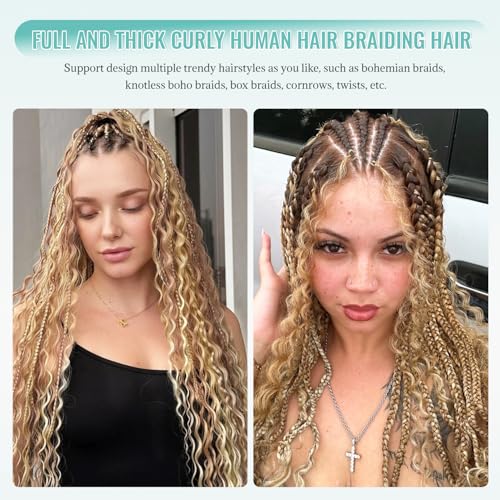Human Braiding Hair Deep Water Wave Bulk Human Hair for Boho Braids No Weft 2 Bundles 22 Inch Strawberry Blonde with 613 Bleach Blonde Highlights Wet and Wavy Twist Hair Braiding for Knotless Bohemian