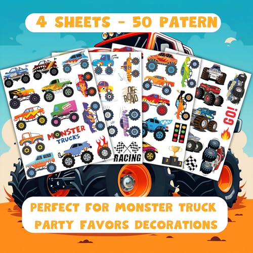 Monster Truck Temporary Tattoos for Kids - 50 Pack