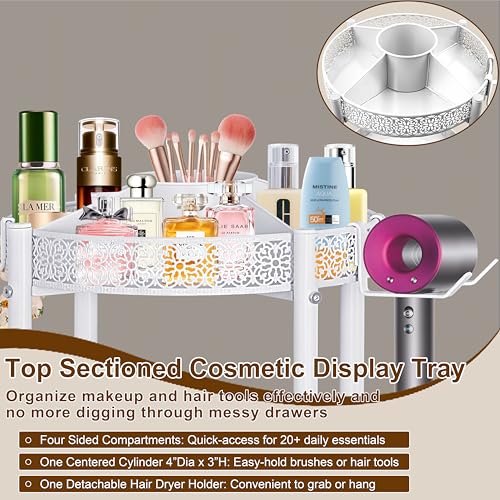 Rolling Makeup Cart Organizer with Removable Hair Dryer Holder, 3 Tier Round Floor Makeup Organizer with Wheels for Cosmetic, Perfume, Nail Polish, Small Space Bathroom Storage Cart, White