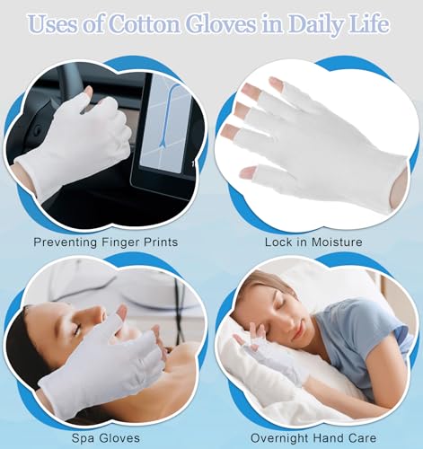 Fingerless Cotton Eczema Gloves for Dry Hands & Overnight Care - 4 Pairs
