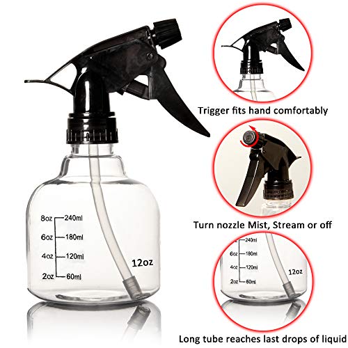 Youngever 6 Pack Empty Plastic Spray Bottles, Spray Bottles for Hair and Cleaning Solutions, 3 Clear and 3 Black Colors (12 Ounce)